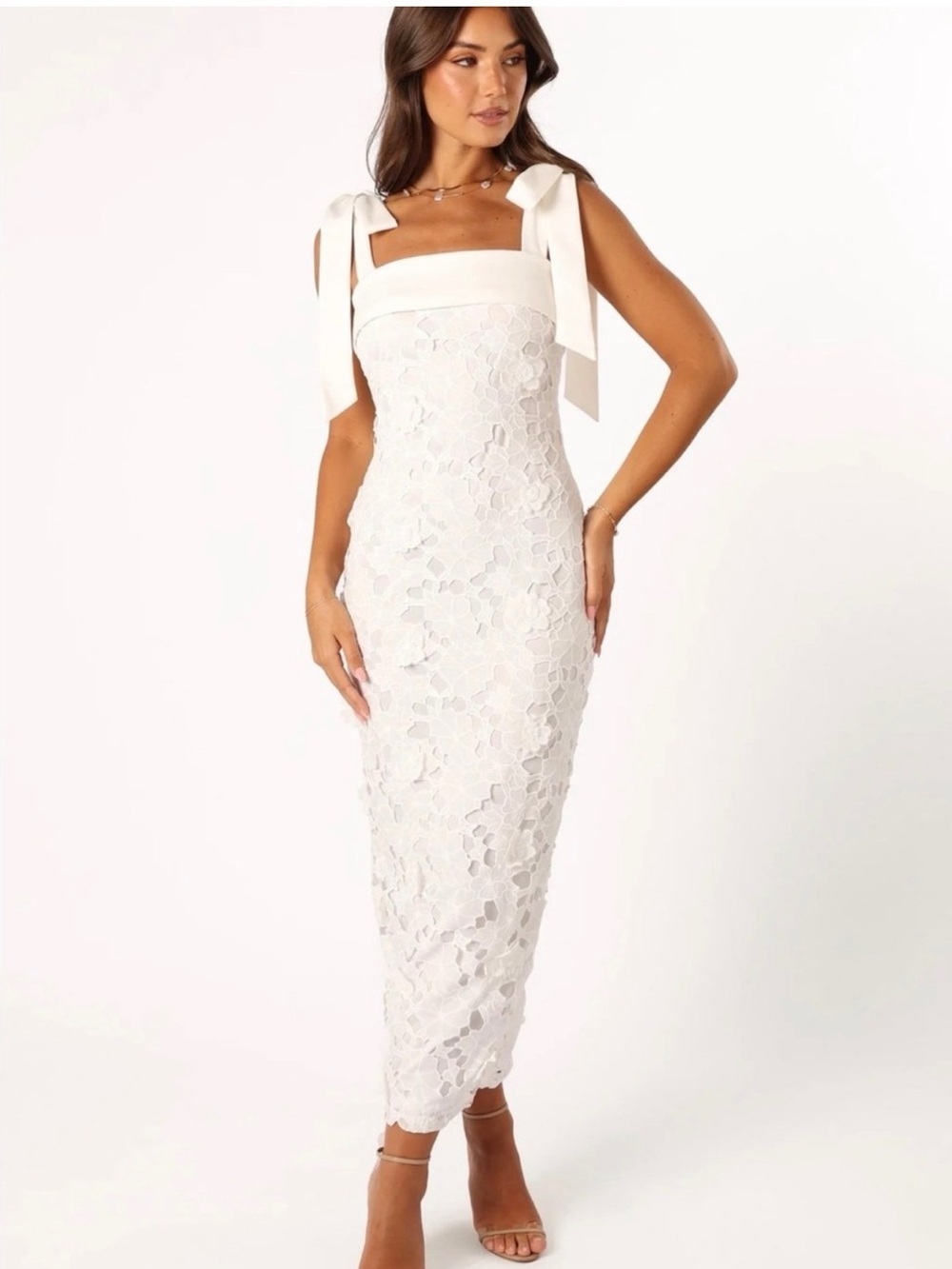 Petal & Pup Emersyn Midi Lace Dress White Floral Bow Strap Size S